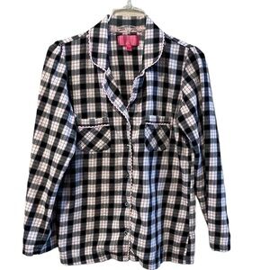 Victoria Secret Pajama Top black white pink plaid roll tabs sleeves Size S